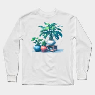 Pastel Houseplant Collection - Blue Border - Potted Plants Long Sleeve T-Shirt